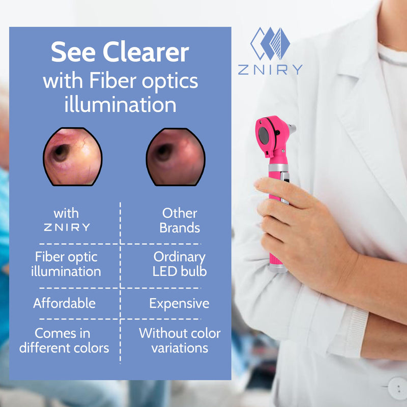 Pocket LED Otoscope for ENT Examination – Bright Light Diagnostic Tool for Students & Home Use, Pink, 10 Specula + Extra Bulb - BeesActive Australia