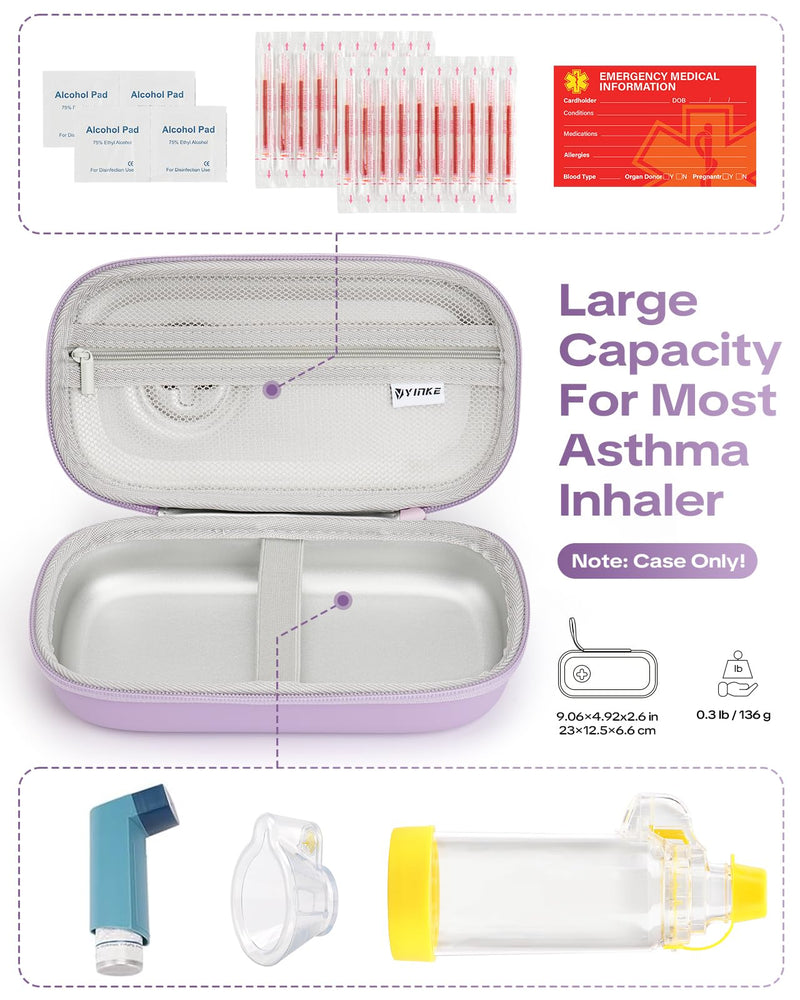 Asthma Inhaler Portable Case for Adults, Kids & Seniors - Temp-Humidity Resistant, Multi-Zone Lining for Inhaler/Spacer/Emergency Meds, Waterproof PU & Travel-Ready, Violet (Only Case) - BeesActive Australia