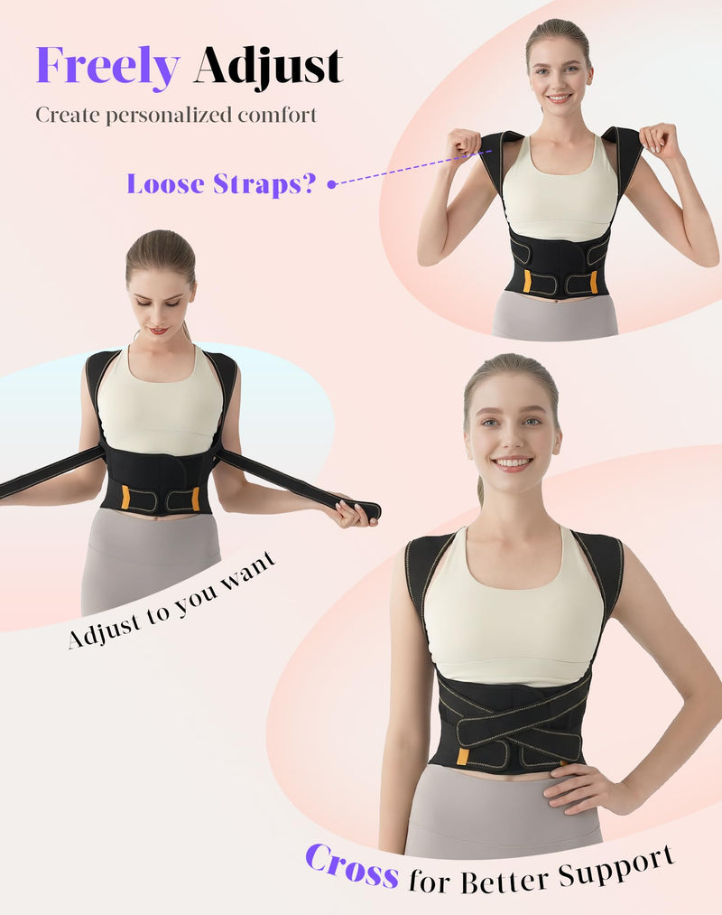 Posture Corrector for Women and Men, 5 Full Back Support Brace Rods, FSA&HSA Eligible, Adjustable Shoulder Straightener, Improving Hunchback Posture, Upper and Lower Back, Neck Pain Relief, Large Black Yellow - BeesActive Australia