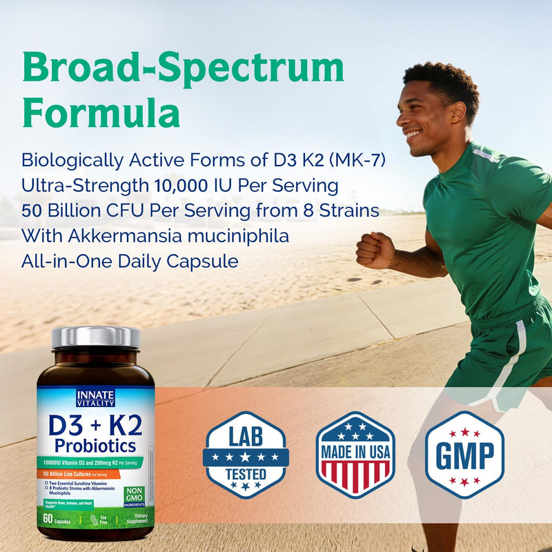 Innate Vitality D3 K2 Vitamin 10000IU + Probiotics, Akkermansia Muciniphila | Bone, Immune, Digestive & Heart Support, Non-GMO, No Soy or Gluten, 60 Capsules