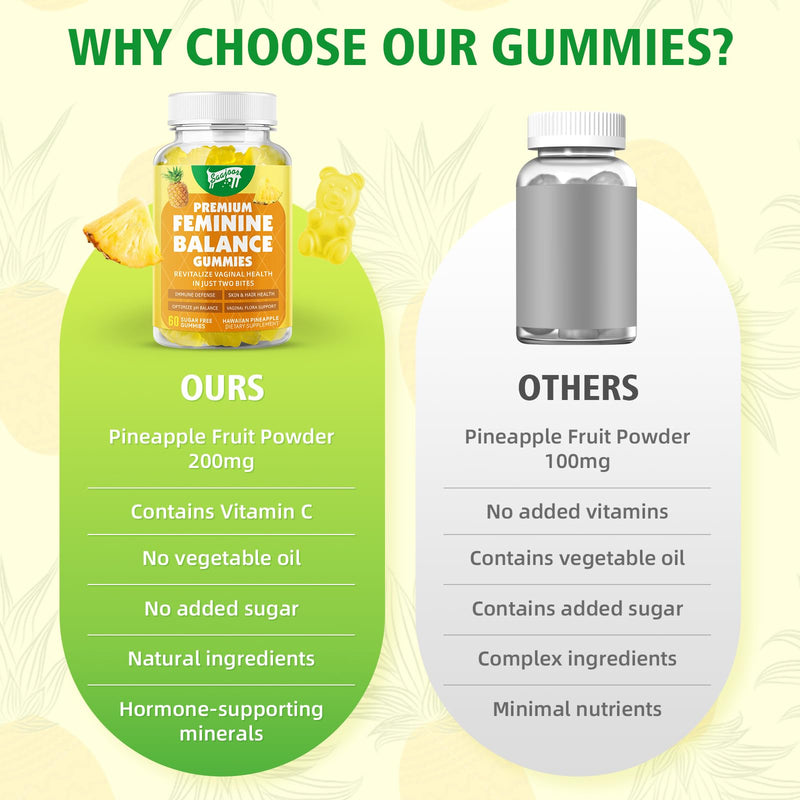 Premium Feminine Balance Gummies for Women's Immune Health, Hawaiian Pineapple Gummies Support pH Balance & Immune Support, Vegan, Gluten-Free, 60 Gummies ﻿ 1pack