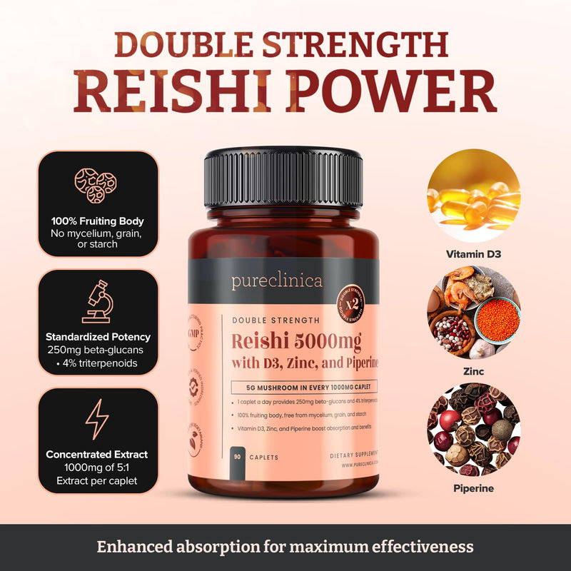 pureclinica Reishi Mushroom Extract 1000mg (5:1) per Tablet – 180 Caplets (2 x 90, 6-Month Supply) – with Vitamin D3 (25µg), Zinc (15mg) & Piperine (5mg – Fruiting Body Ganoderma lucidum) 90 Count (Pack of 2)