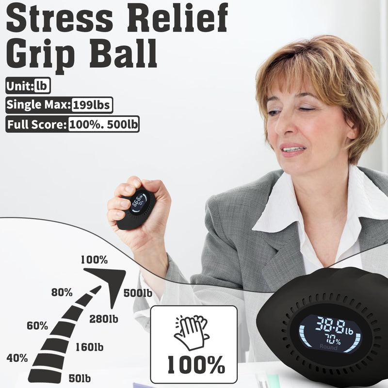 Digital Stress Relief Grip Ball for Adults & Kids, Grip Strength Tester, Hand Strength Gripper up to 220lbs, Forearm Strengthener with Progress Bars & Cheer Sound, Fitness Gift Black