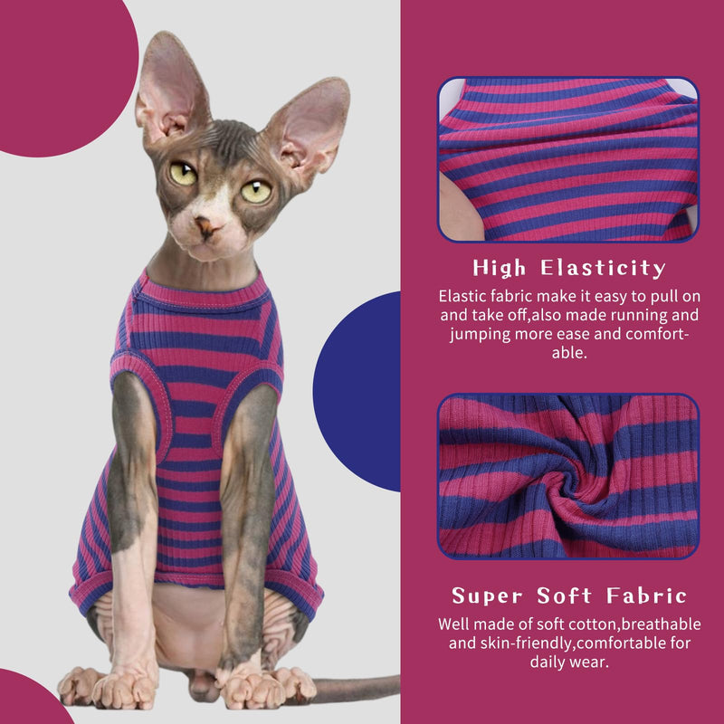 BRKURLEG Sphynx Hairless Cats Shirt Puppy Clothes Soft Cotton T-Shirts Cute Cats Pajamas Cat Stripes Vest Pet Clothes, Round Collar Vest Kitten Shirts(Pink-Blue Stripes, M) Medium PinkBlue Stripe - BeesActive Australia