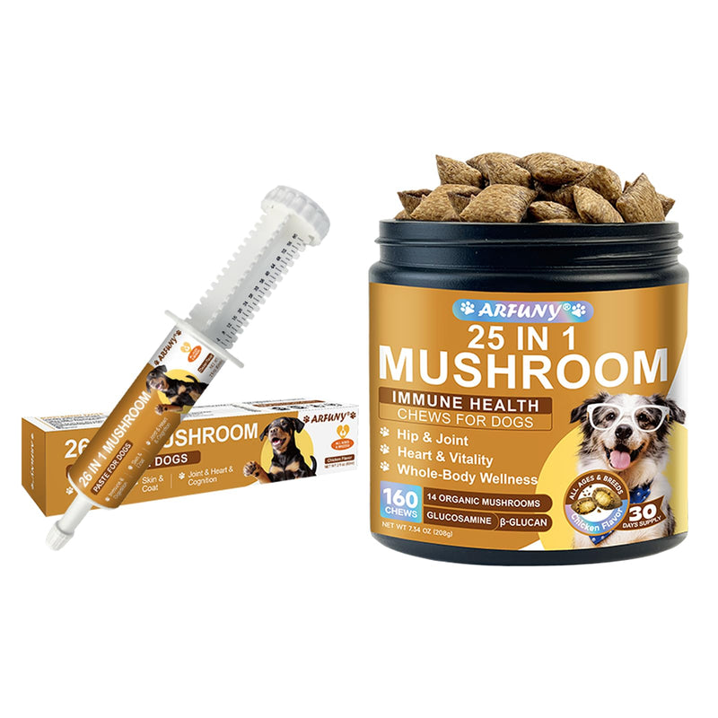 25 in1 Dog Mushroom Chews & Dog Mushroom Paste - Gut, Skin, Joint, Immune Health - Lumps&Bumps Treatment