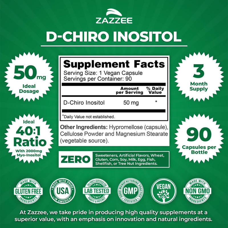 Zazzee D-Chiro-Inositol, 50 mg per Capsule, 90 Vegan Capsules | Ideal Dosage for 40:1 Ratio with Myo-Inositol, 3 Month Supply, 100% Vegetarian, Non-GMO, Made in the USA