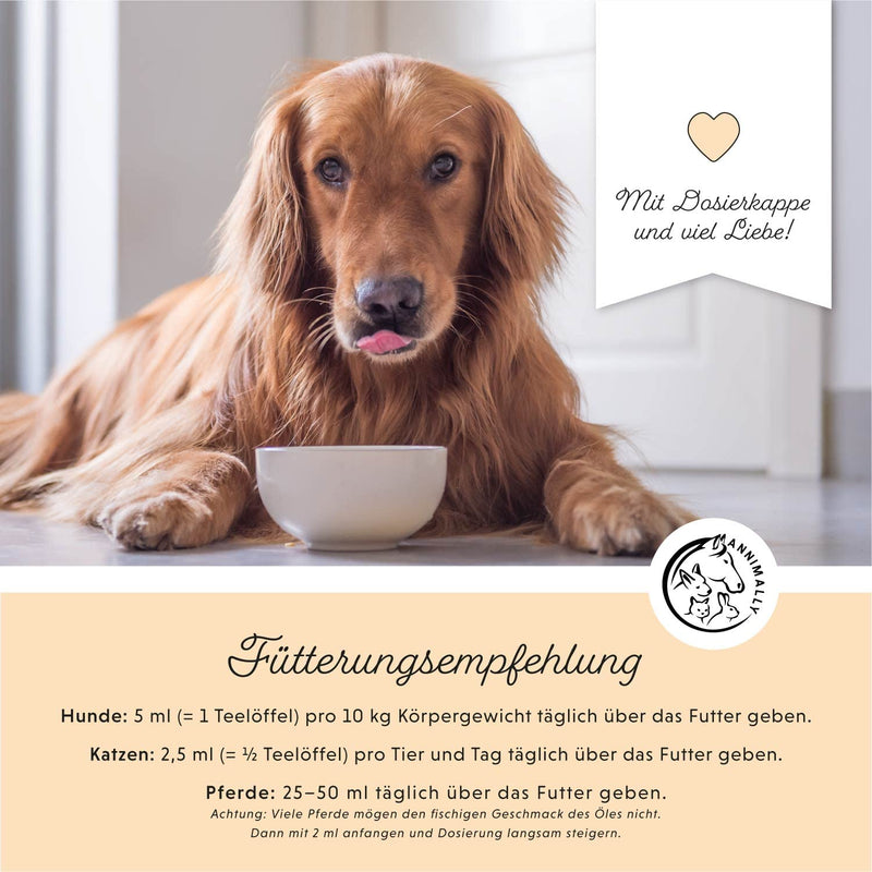 Annimally salmon oil for dogs 1 liter rich in Omega 3 & 6 fatty acids (more than 32%) - Barf fish oil suitable for dogs, cats and horses I Pure natural product cold-pressed from Germany - BeesActive Australia