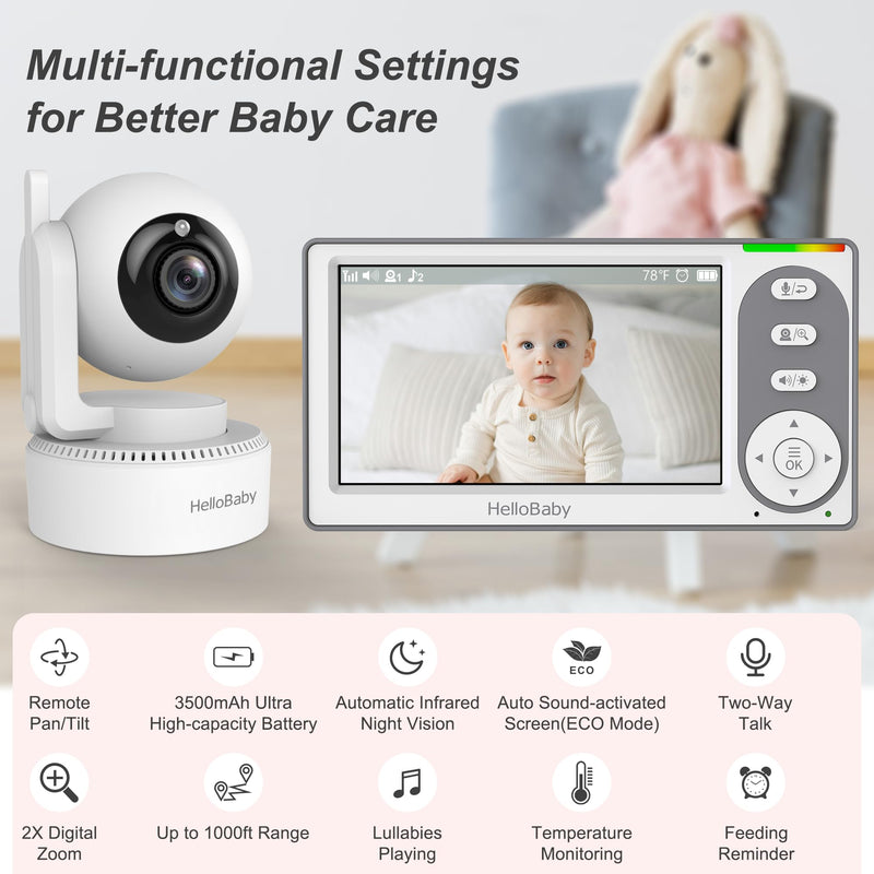 HelloBaby 4.3'' Video Baby Monitor with 30 Hours Battery, Remote Pan-Tilt-Zoom Baby Monitor No WiFi, Baby Monitor with Camera and Audio, Night Vision, ECO Mode, Two-way Talk, 8 Lullabies, 1000ft Range - BeesActive Australia