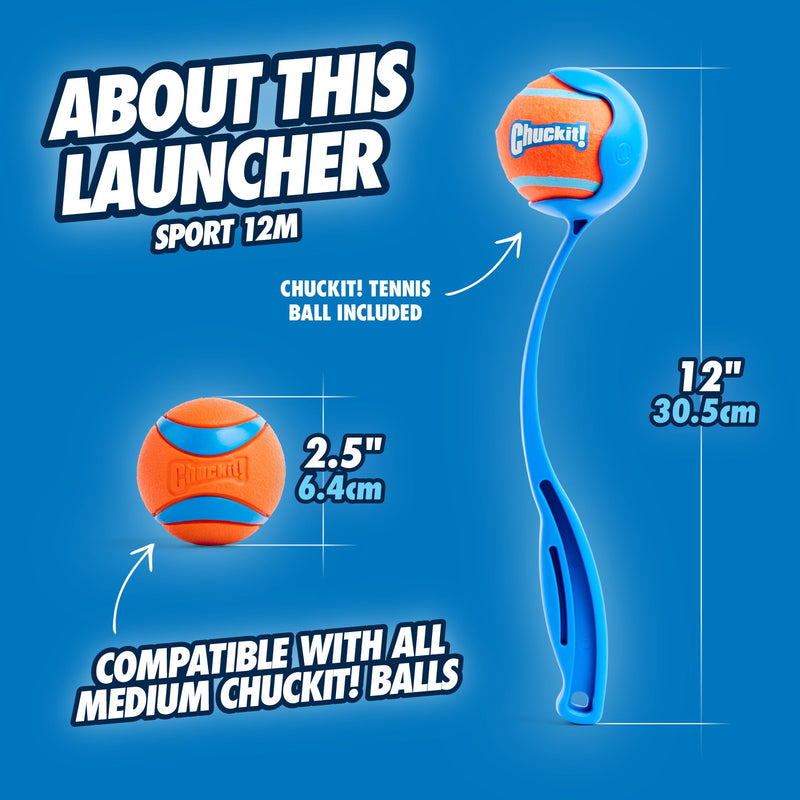 Chuckit! Sport 12M Dog Ball Launcher - Includes a 2.5-inch Diameter Medium Ball for Dogs 20-60 Pounds - Manual Tennis Ball Thrower With a Slim Ergonomic Handle - 12-inch Length Chucker 12in