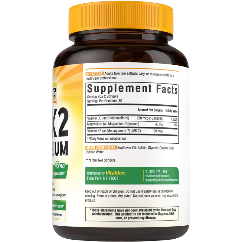 Vitalibre Vitamin D3 K2 10000 IU + Magnesium Glycinate, 60 Mini Softgels | High Absorption D3 K2 Vitamin 10000 IU for Bone, Teeth, Immune & Energy Support, Non-GMO, Easy to Swallow