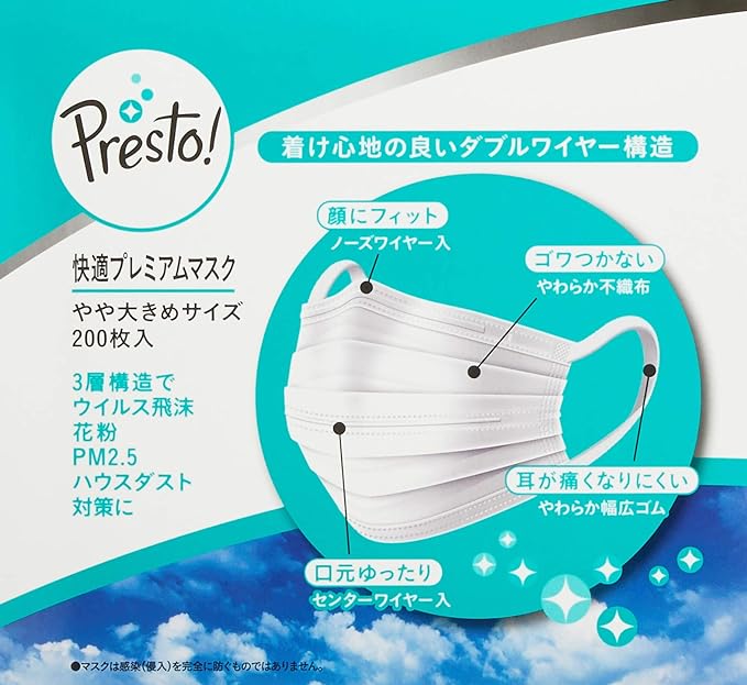 Presto! Mask, Slightly Larger Size, Compatible with PM2.5, 200 Sheets (50 Sheets x 4 Pack) - BeesActive Australia