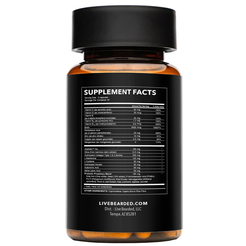 Live Bearded® Beard Boost, Beard Growth Vitamins for Men, 60-Day Supply | Biotin 5000mcg, Collagen, Silica & Fo-Ti Root, Made in USA, Supports Thicker, Stronger Beard & Scalp Hair Growth 60 Day Supply