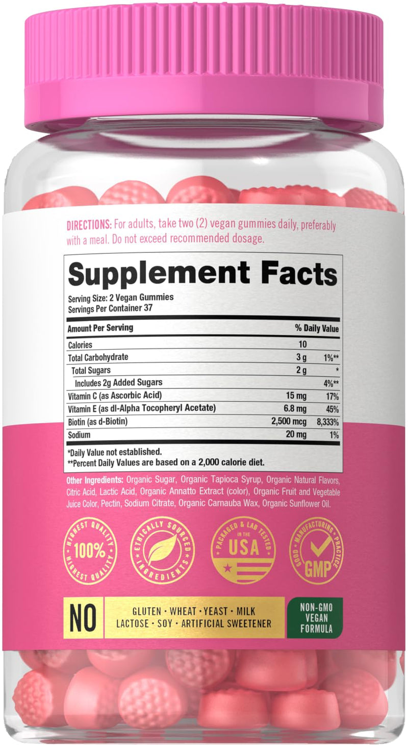 Carlyle Hair Skin and Nails with Biotin 2500mcg | 75 Gummies | Beauty Formula with Vitamin C & E | Raspberry Flavor | Non-GMO, Gluten Free Supplement
