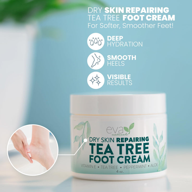 Eva Naturals Tea Tree Foot Cream – Moisturising Foot Lotion & Balm for Dry, Cracked Heels & Feet with Peppermint, Menthol, Spearmint, Aloe, Sunflower Oil & Geranium – Cream for Men & Women, 4 Fl Oz 4 Fl Oz (Pack of 1)