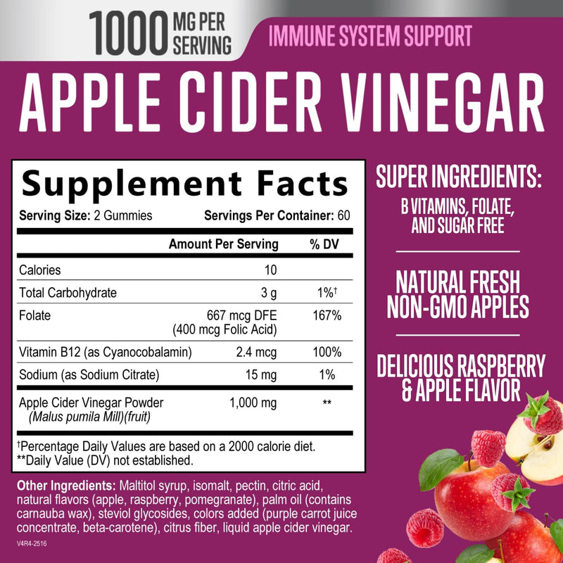 Apple Cider Vinegar Gummies 1000mg per Serving - Sugar Free Max Strength ACV Gummy Vitamins Supplement, Advanced Formula, Vitamin B12 Supports Metabolism & Energy, Keto Friendly, Vegan, 120 Gummies 120 Count (Pack of 1)