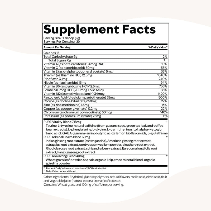 PURE Focus + Energy Tub Drink Mix | Zero Sugar | 9.5 oz | Watermelon Flavor | Natural caffeine from botanicals with antioxidants and B-complex vitamins | Energizing watermelon-flavored tub drink mix