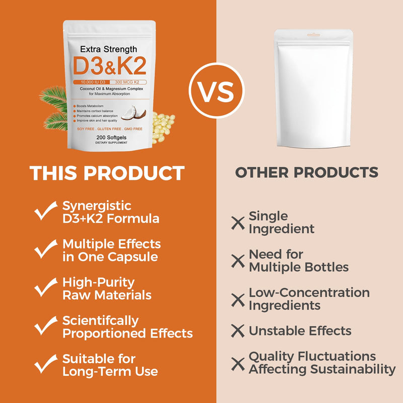 D3 K2 Vitamin 10000 IU, Extra Strength Wellness D3K2 with Triple Magnesium & Coconut Oil for Maximum Absorption, Support Bone & Immune Health, Non-GMO,Easy to Swallow, 200 Softgels 1pc
