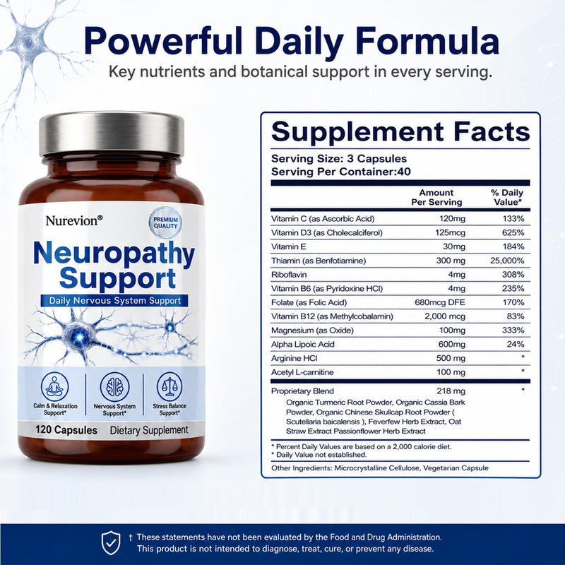 Neuropathy Supplements, Nerve Health Support, 120 Count with 600mg Al-p-ha Lipoic Acid, Benfotiamine & Vitamin B12, Formulated for Peripheral Comfort in Hands, Feet, Legs, Back & Neck