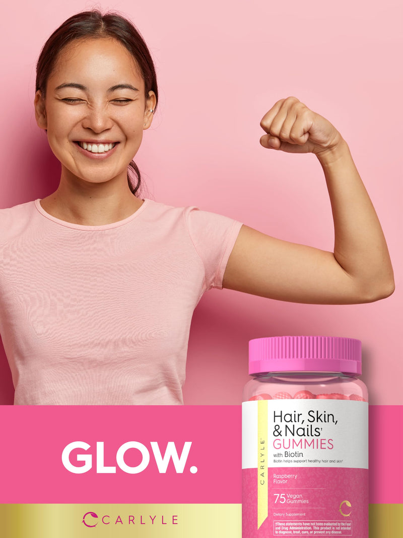 Carlyle Hair Skin and Nails with Biotin 2500mcg | 75 Gummies | Beauty Formula with Vitamin C & E | Raspberry Flavor | Non-GMO, Gluten Free Supplement