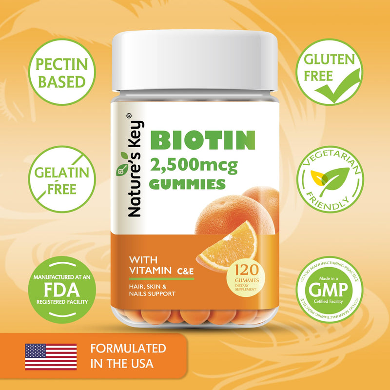 Nature's Key Biotin Gummies with Vitamin C and E, Support Hair Nails Growth & Beautiful Skin for Women Men and Kids, Vegan, Orange Flavors, 120 Count 120 Count (Pack of 1)