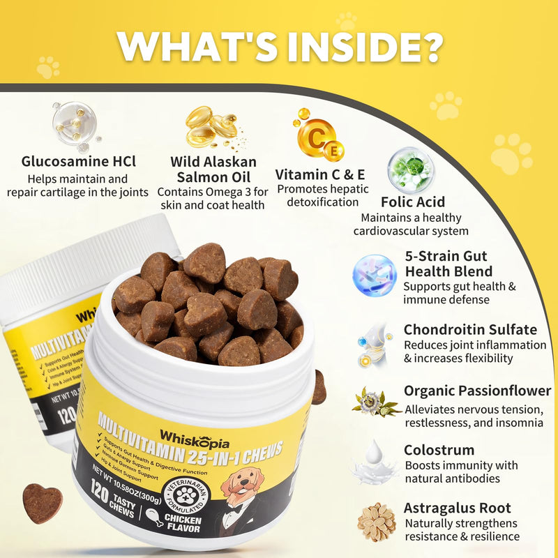 25-in-1 Dog Vitamins Supplements Multivitamin Chewable with Glucosamine MSM Colostrum Probiotics Omega-3 for Dogs and Cats Digestive Gut Hip Joint Omega-3 Skin & Coat Eyes Immune Support - 120 Ct