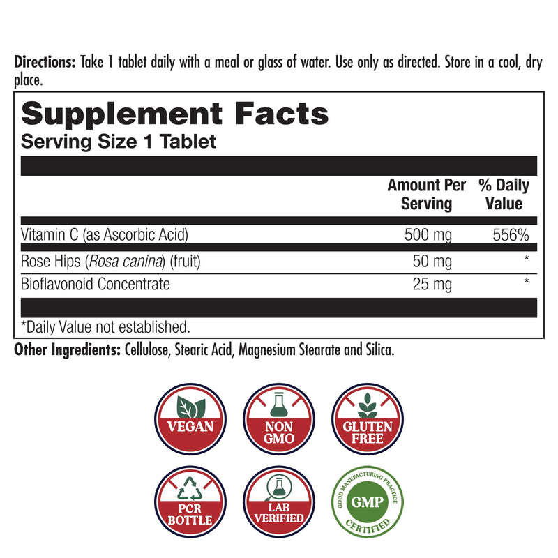 KAL C 500+ Sustained Release Tablets - Vitamin C Supplement with Rose Hips & Bioflavonoids for Adults, Immune Health Support for Women & Men, Vegan, Gluten Free - 100 Count