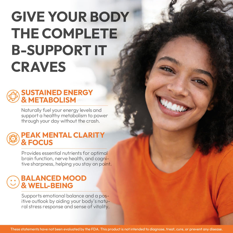 Vitamin B Complex with B1, B2, B3, B5, B6, B7, B9, B12 Taurine–Immune Support, Energy Metabolism and Nervous System – Super B Complex with Blood Orange Powder – 60 Tablets for Men & Women 60 Count (Pack of 1)