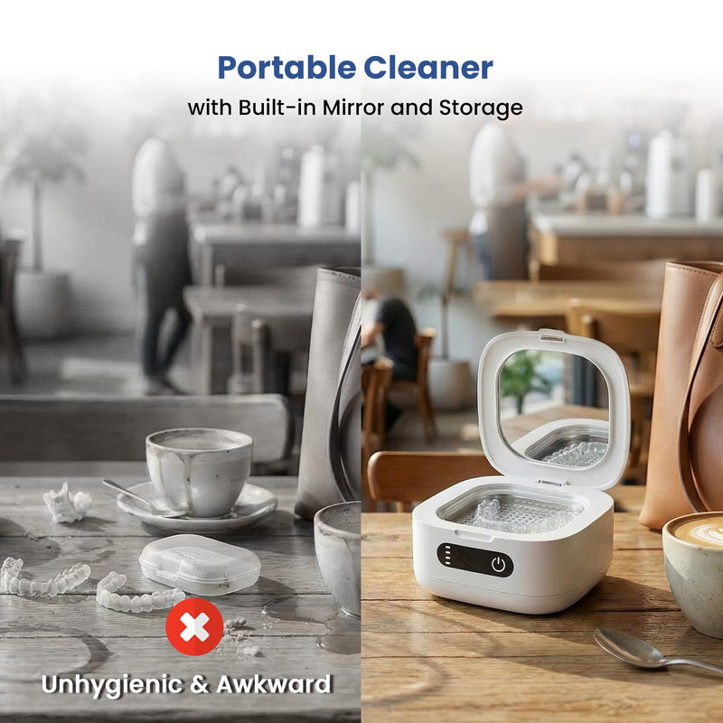 Portable Ultrasonic Retainer Cleaner with UV - Cordless Rechargeable Cleaner Machine for Invisalign, Aligners, Night Guards, Dentures | Travel-Ready with Built-in Mirror - BeesActive Australia