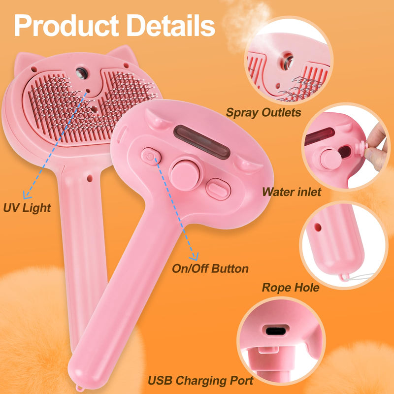 Cat Steam Brush for Shedding, 4 in 1 Steamy Cat Brush with Release Button, Self Cleaning Metal Pet Misting Hair Comb with Long Handle for Grooming Indoor Kitten Dogs(Pink) Pink - BeesActive Australia