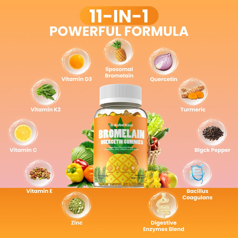 Liposomal Bromelain with Quercetin Gummies, 1000mg Bromelain Supplement | With Probiotics, Digestive Enzymes for Gut, Digestive & Immune Support for Women & Men, Sugar Free, Pineapple Flavor, 60 Ct
