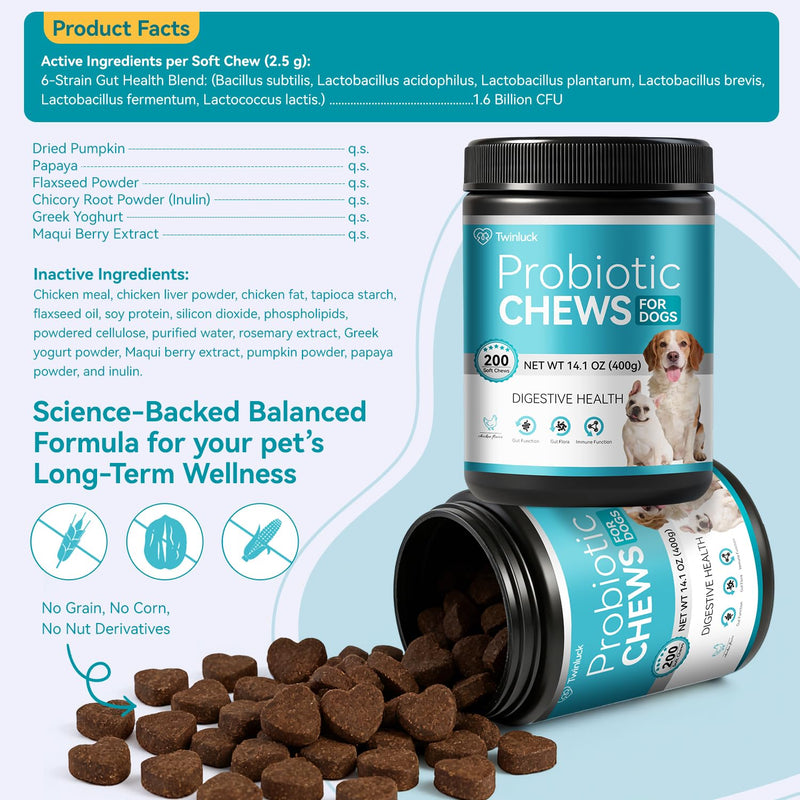 Probiotics for Dogs, 200 Soft Chews with Digestive Enzymes and Prebiotics, Daily Digestive Support for Gut Health and Stool Balance, Chicken Flavor 200 Chews