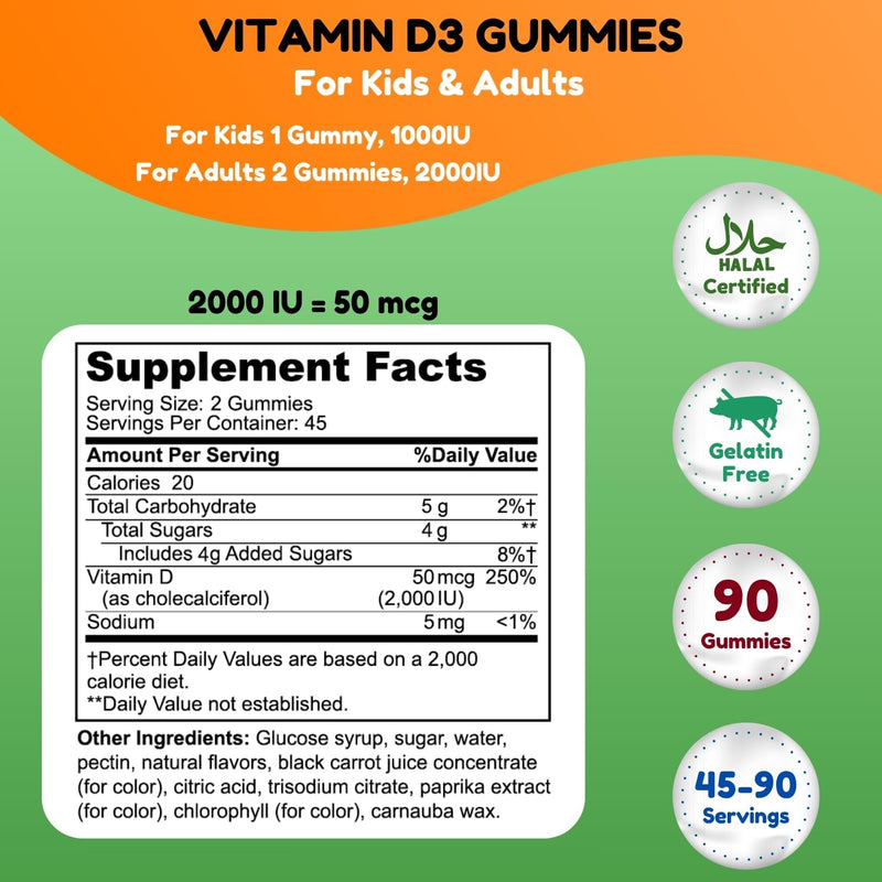 SHIFAA NUTRITION Vegetarian Vitamin D3 Gummies for Adults & Kids | 45-90 Servings, 2,000IU / 1,000IU | Non-GMO, Gluten-Free, Gelatin-Free | Supports Bones, Muscles & Immune System Halal Vitamins