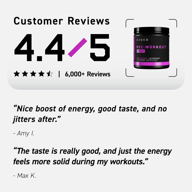 Kaged Sport Pre Workout Powder for Men & Women, Glacier Grape, Sport Certified, 188mg Caffeine, Nitric Oxide Supplement, Beta Alanine for Energy, Weightlifting, Cardio Endurance, Strength, 20 Servings