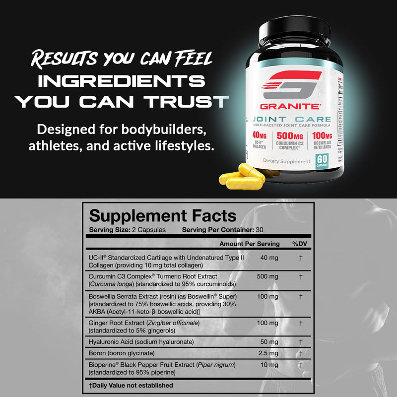 Granite Joint Care: Premium UC-II Collagen, Turmeric Curcumin C3, AKBA Boswellia + More - All-in-One Support for Joint Mobility, Comfort & Strength (60ct)