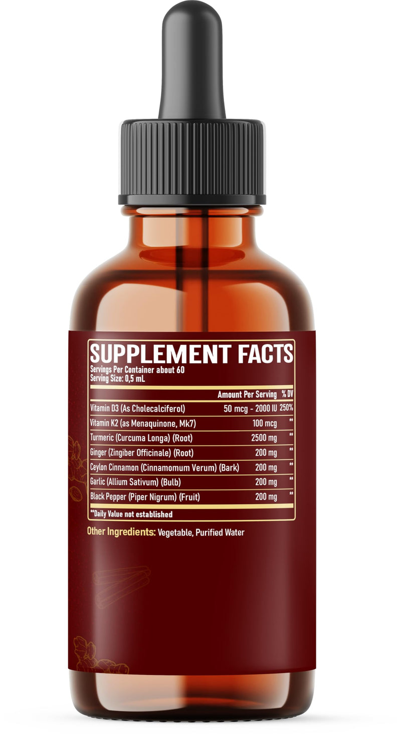 7in1 Liquid Turmeric Curcumin with Vitamin D3, Vitamin K2, Ginger, Ceylon Cinnamon, Garlic, Black Pepper - Drops Extract - 2 Month Supply