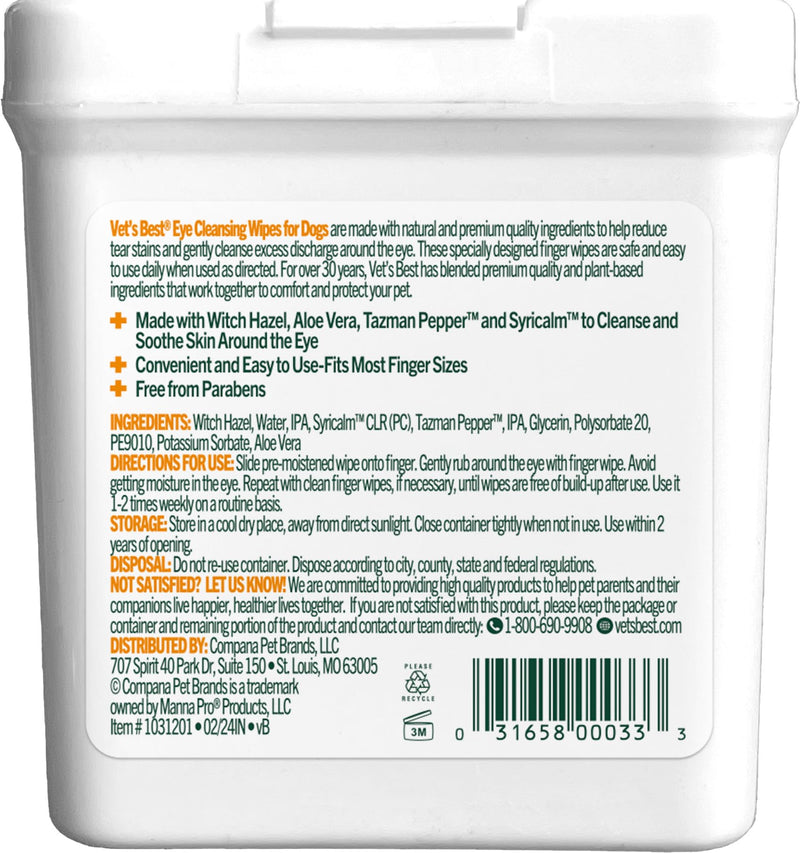 Vet’s Best Eye Cleansing Wipes for Dogs - Tear Stain Remover for Dogs - Easy to Use and Paraben Free - Aloe Vera & Witch Hazel - 50 Count - PawsPlanet Australia
