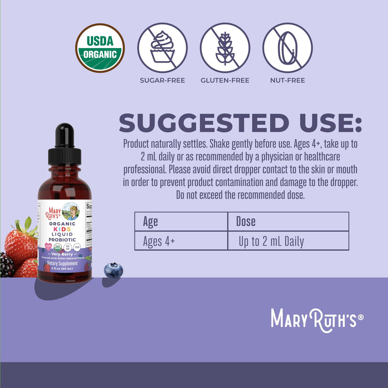 MARYRUTH'S Organic Kids Liquid Probiotic, Very Berry Flavor, 2 Fl Oz | USDA Organic, Kids Liquid Probiotic