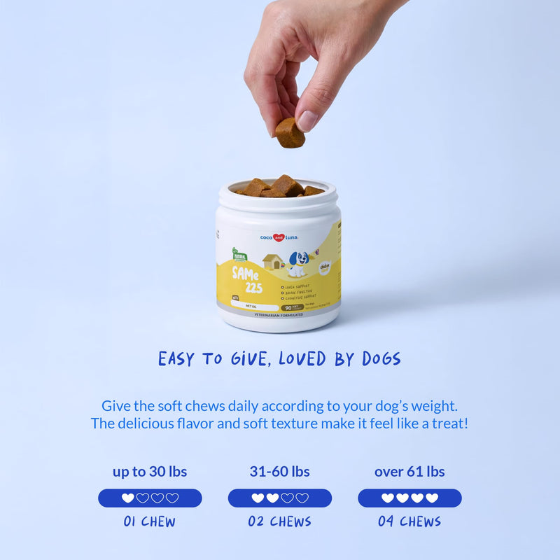 Same for Dogs 90 Soft Chews - Liver, Brain & Cognitive Support | S-Adenosyl-L-Methionine in 90 soft chews. Promotes liver function, cognitive support & mood balance for dogs. SAMe Soft Chews