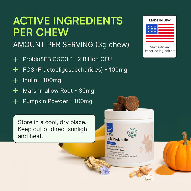 Wuffes Daily Probiotic for Dogs - Supports Digestive Health, Gut Balance, and Immune System - with Prebiotics, Marshmallow Root, and Pumpkin Powder - 2 Pack - 120 Soft Chews - PawsPlanet Australia