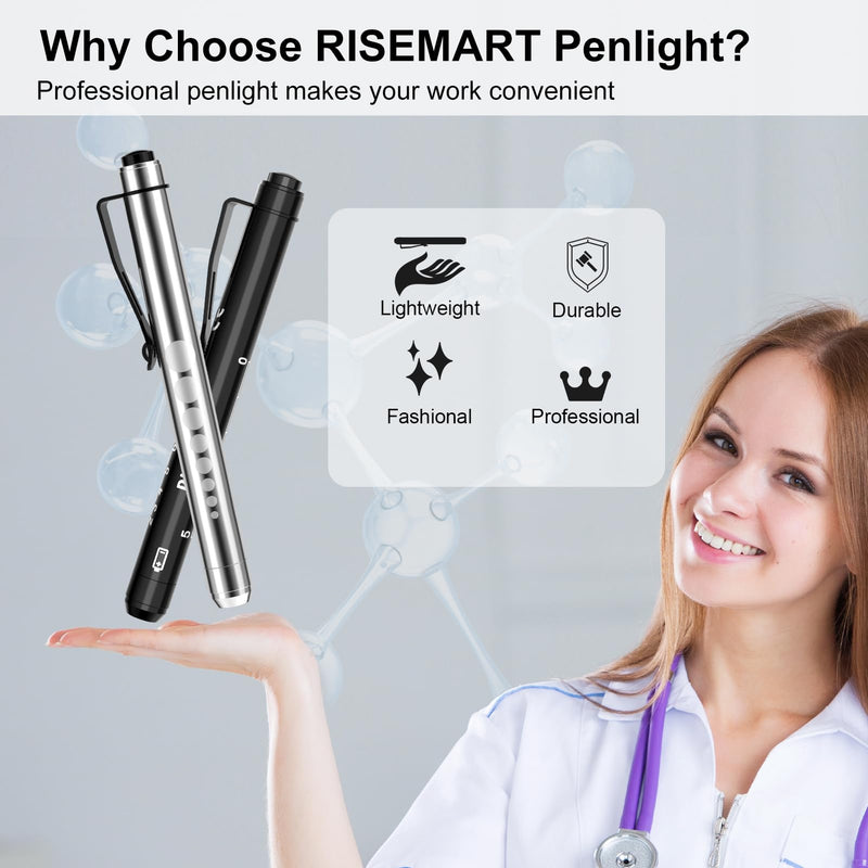 RISEMART Pen Light, Nurse Led Medical Penlight with Pupil Gauge for Nursing Students Doctors Black and Silver with Batteries Black + Silver - BeesActive Australia