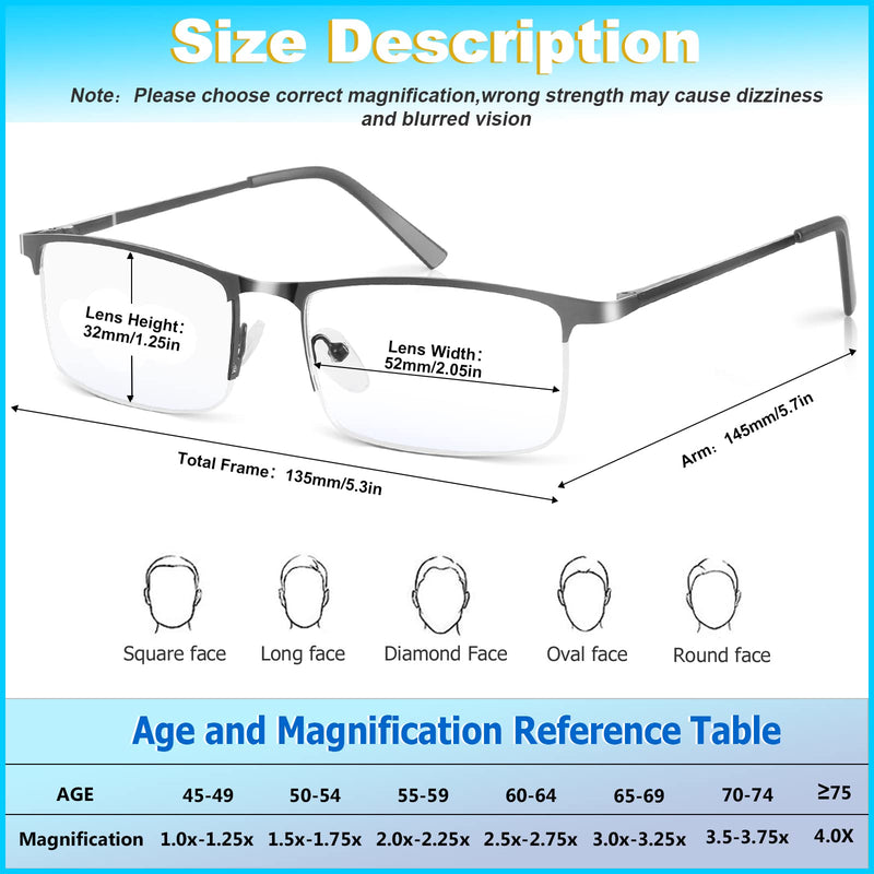 3 Pack Blue Light Blocking Reading Glasses for Men, Stylish Half Frame Metal Computer Readers, Lightweight Spring Hinge Eyeglasses Anti Eyestrain/Glare/UV (Mix Color, Black+Grey+Brown, 1.5) Mix Color(black/Grey/Brown) 1.5 x