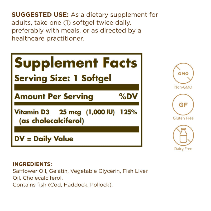 Solgar Vitamin D3 (Cholecalciferol) 25 mcg (1000 IU) - 100 Softgels - Helps Maintain Healthy Bones & Teeth - Immune System Support - Non-GMO, Gluten Free, Dairy Free - 100 Servings