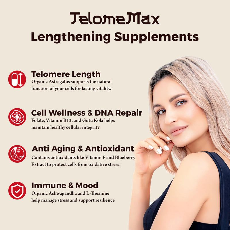 Telomere Lengthening Supplements – Organic Astragalus, Gotu Kola, Vitamin D3, Folate, L-Theanine – Anti-Aging, DNA Repair, Immune & Cellular – 60 Vegan Capsules, Made in Japan (1 Bottle) 60 Count (Pack of 1)