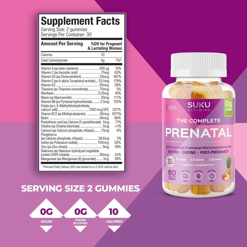 SUKU Prenatal Multivitamin Gummies – Folate, Calcium, Vitamin D3, B12, K2 – Sugar-Free, Vegetarian, Gluten-Free Pregnancy Support – Pineapple Peach Flavor – 60 Count