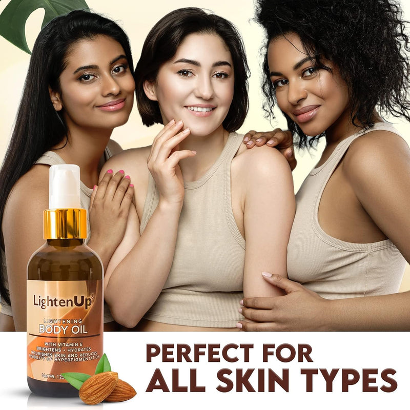 LightenUp, Skin Brightening Body Oil - 4.2 fl oz / 125 ml - Hyperpigmentation Body Seum, Dark Spot Remover, for Men and Women with Vitamin E, Shea Butter, Almond Oil Brightening Oil