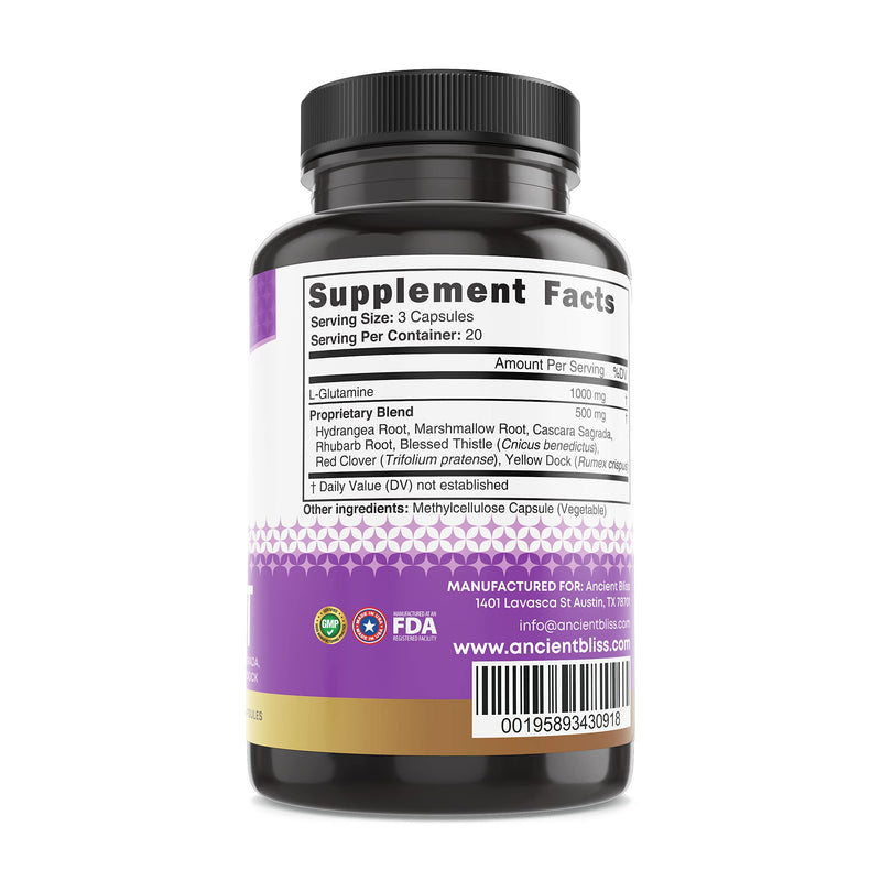 Ancient Bliss Leaky Gut Supplement, L Glutamine Capsules for Gut Support with Blessed Thistle and Hydrangea Root, Vegan and Non-GMO, 60 Capsules