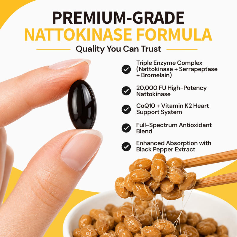 Nattokinase Supplement 20,000 FU, Triple Enzyme Complex with Serrapeptase & Bromelain, CoQ10, Vitamin K2, Turmeric, Botanical Extracts, Heart & Circulation Support, Healthy Aging,Non-GMO,240 Capsules
