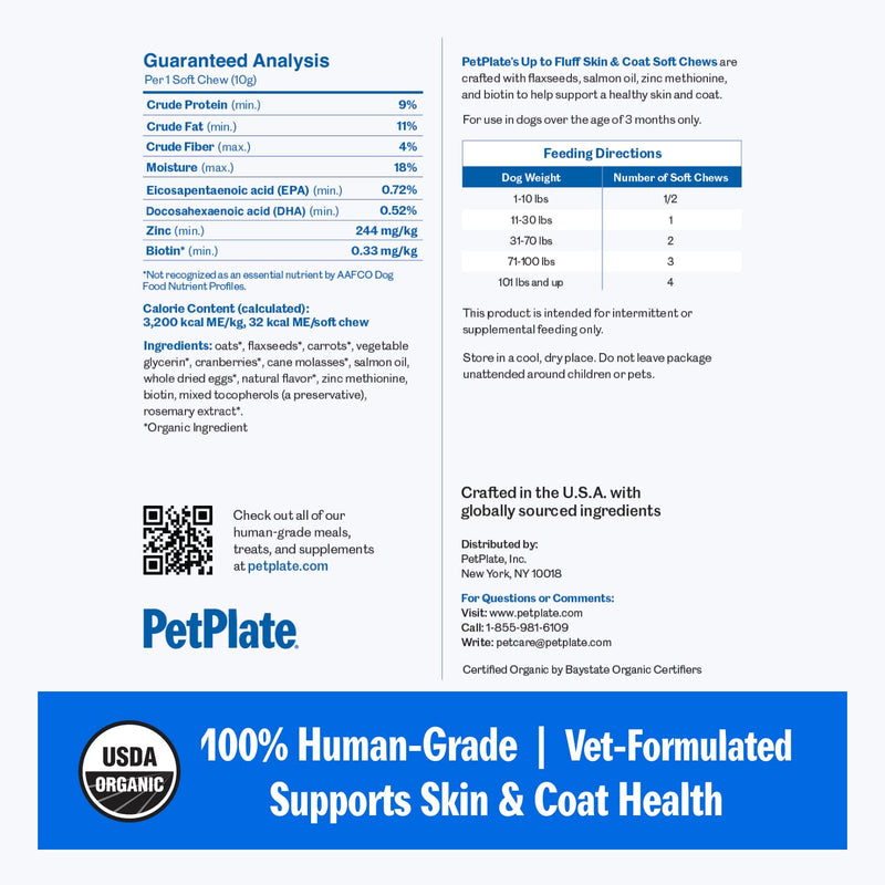 PetPlate Up to Fluff Soft Chews for Dogs, Skin & Coat Support, USDA Organic Supplement, Grain-Free, Human-Grade, Includes Salmon Oil and Biotin, Pet Supplies (Pack of 1, 9.8 Ounce) - PawsPlanet Australia