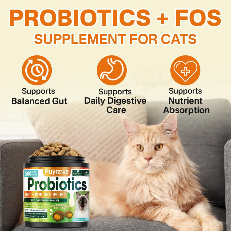 Cat Skin & Coat + Probiotics - 500 Chews Crunchy & Creamy Cheese Core with Omega-3, Vitamins C & E, Biotin for Skin Hydration - Coat Shine, Digestive & Immune Support for All Cats