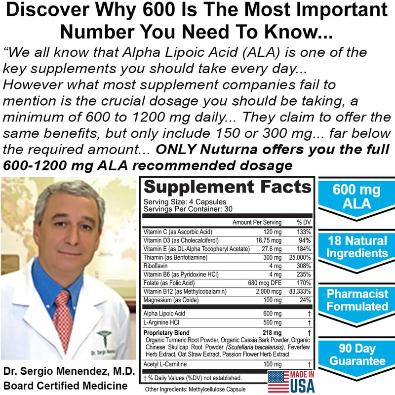 Nuturna Neuroturna Support Supplement with 600 mg Pure Alpha Lipoic Acid - Advanced ALA Formula for Feet Hands Fingers Legs - Ultra Potent 18 in 1 Natural Vitamins - 120 Capsules 120 Count (Pack of 1)